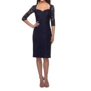 LA Femme 25527 Navy Lace Knee Length Sweetheart 3/4 Sleeve Cocktail Dress 14 NWT